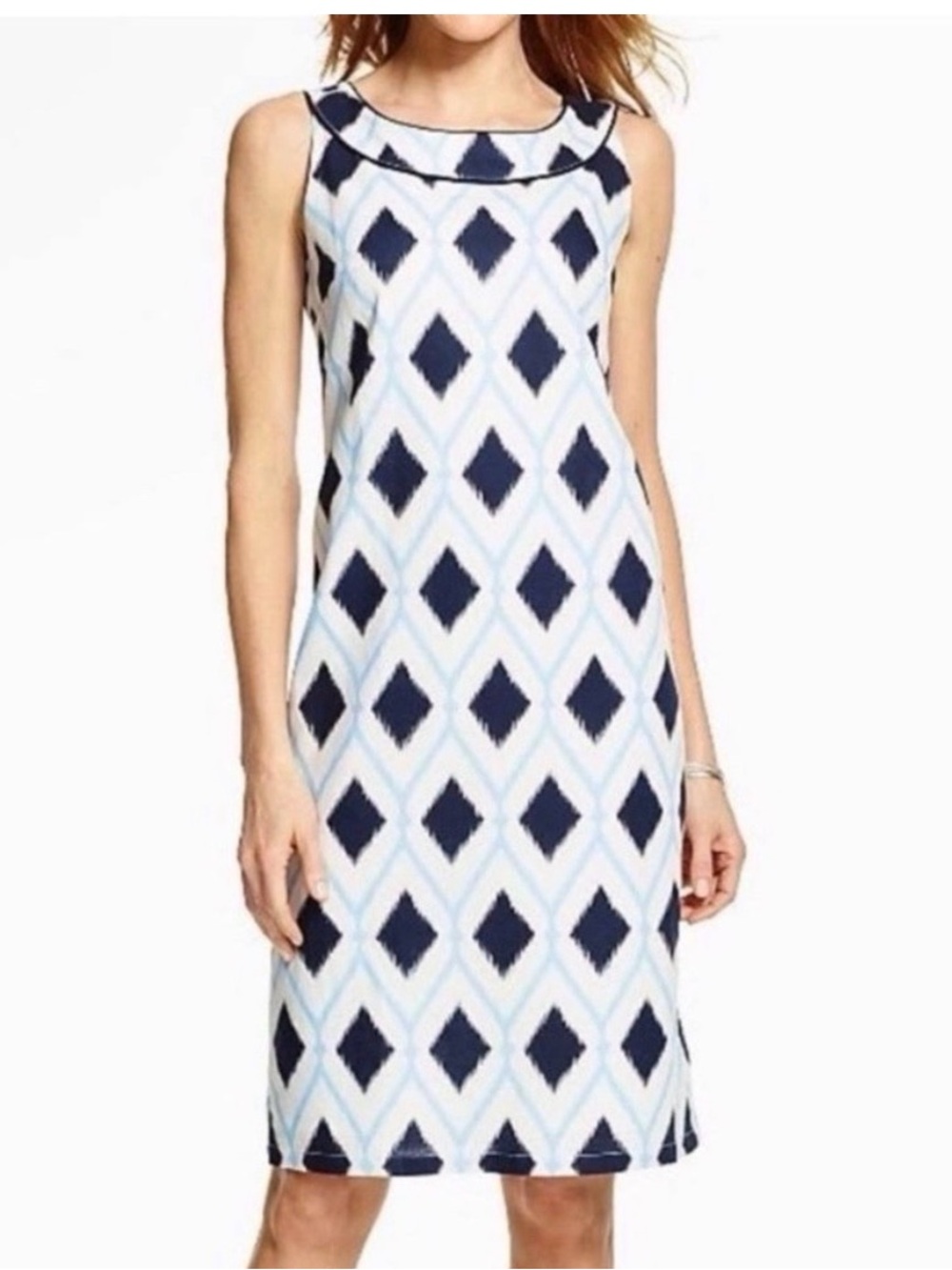 Talbots Jubilee Sleeveless Sheath Dress Linen Blend Blue Diamond Print Size 10